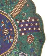 Antique Japanese Cloisonne Scalloped Edge Charger with Geometric Floral Design