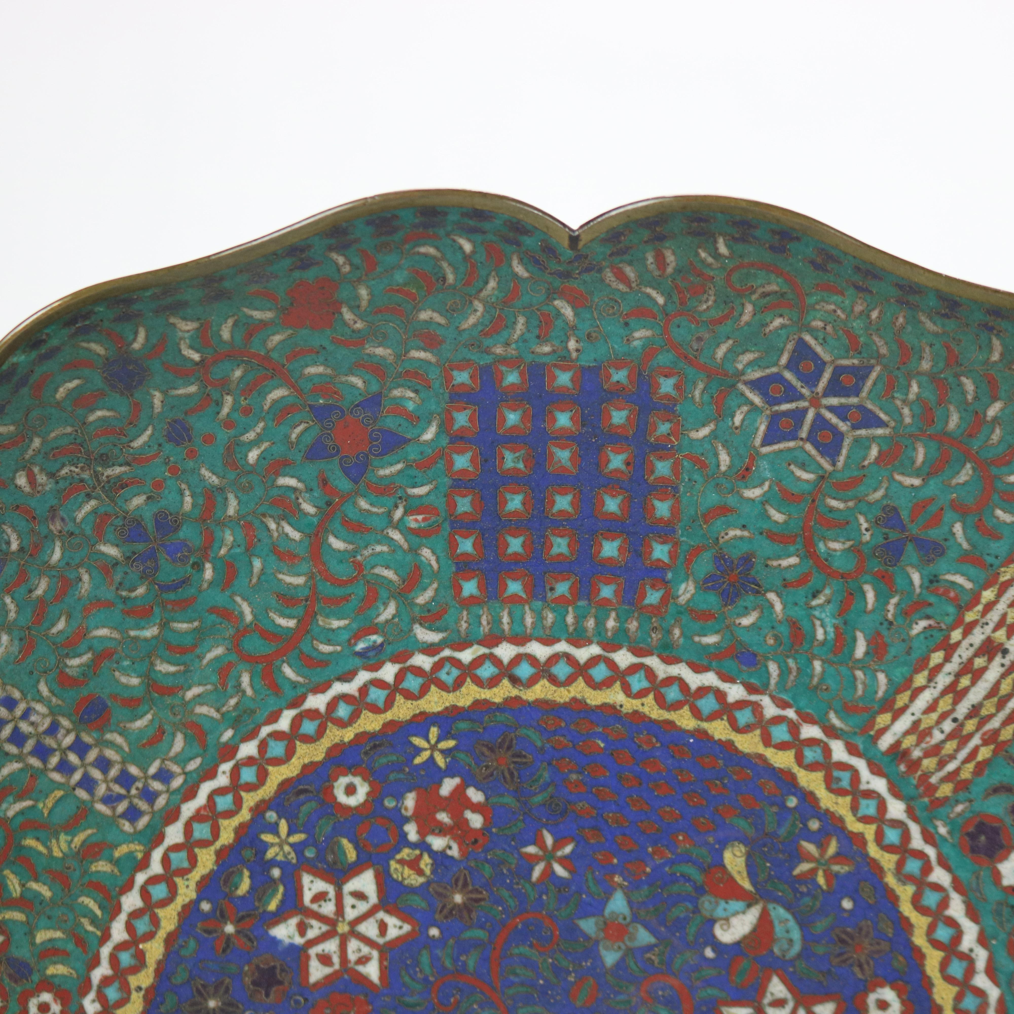 Antique Japanese Cloisonne Scalloped Edge Charger with Geometric Floral Design In Good Condition For Sale In Big Flats, NY