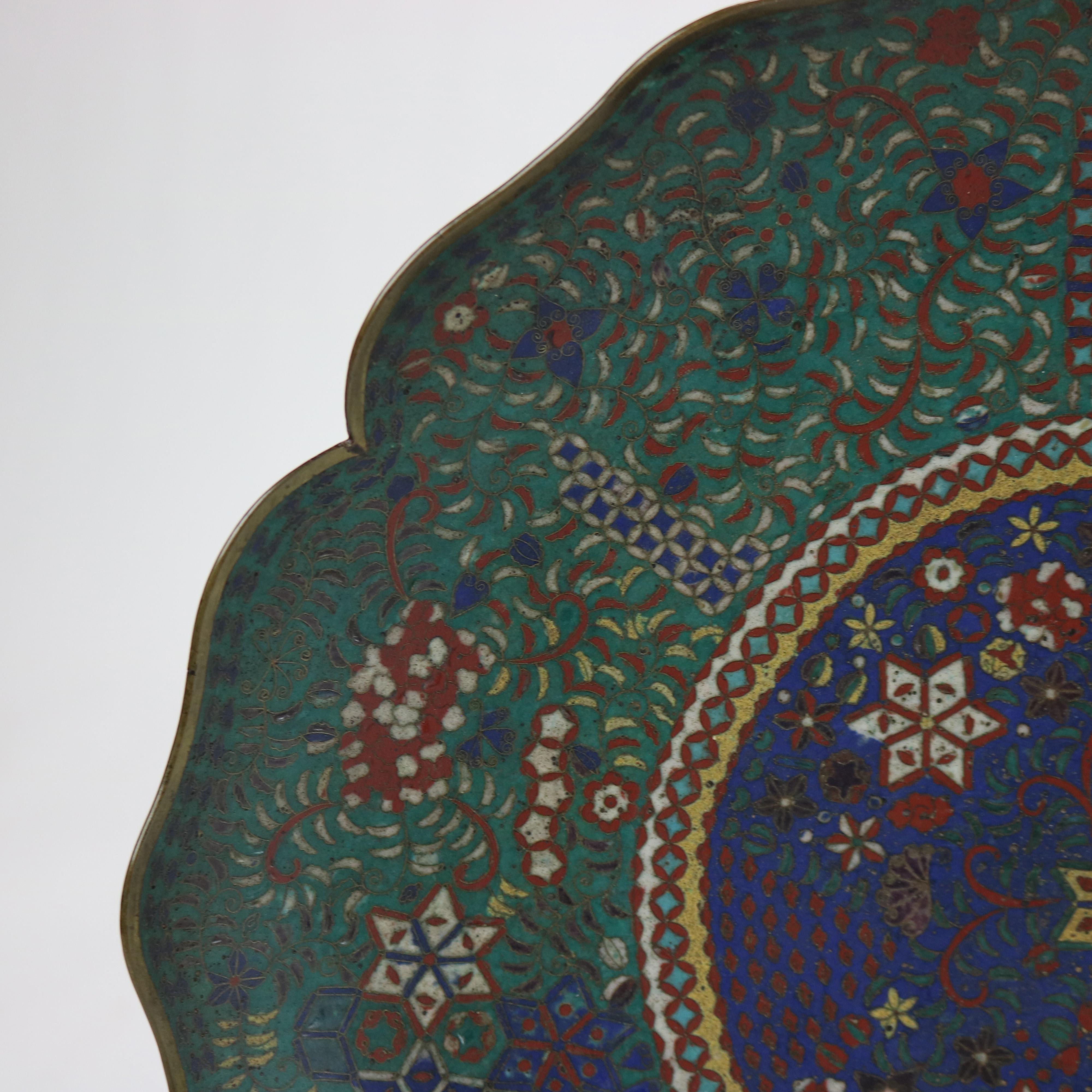 20th Century Antique Japanese Cloisonne Scalloped Edge Charger with Geometric Floral Design For Sale