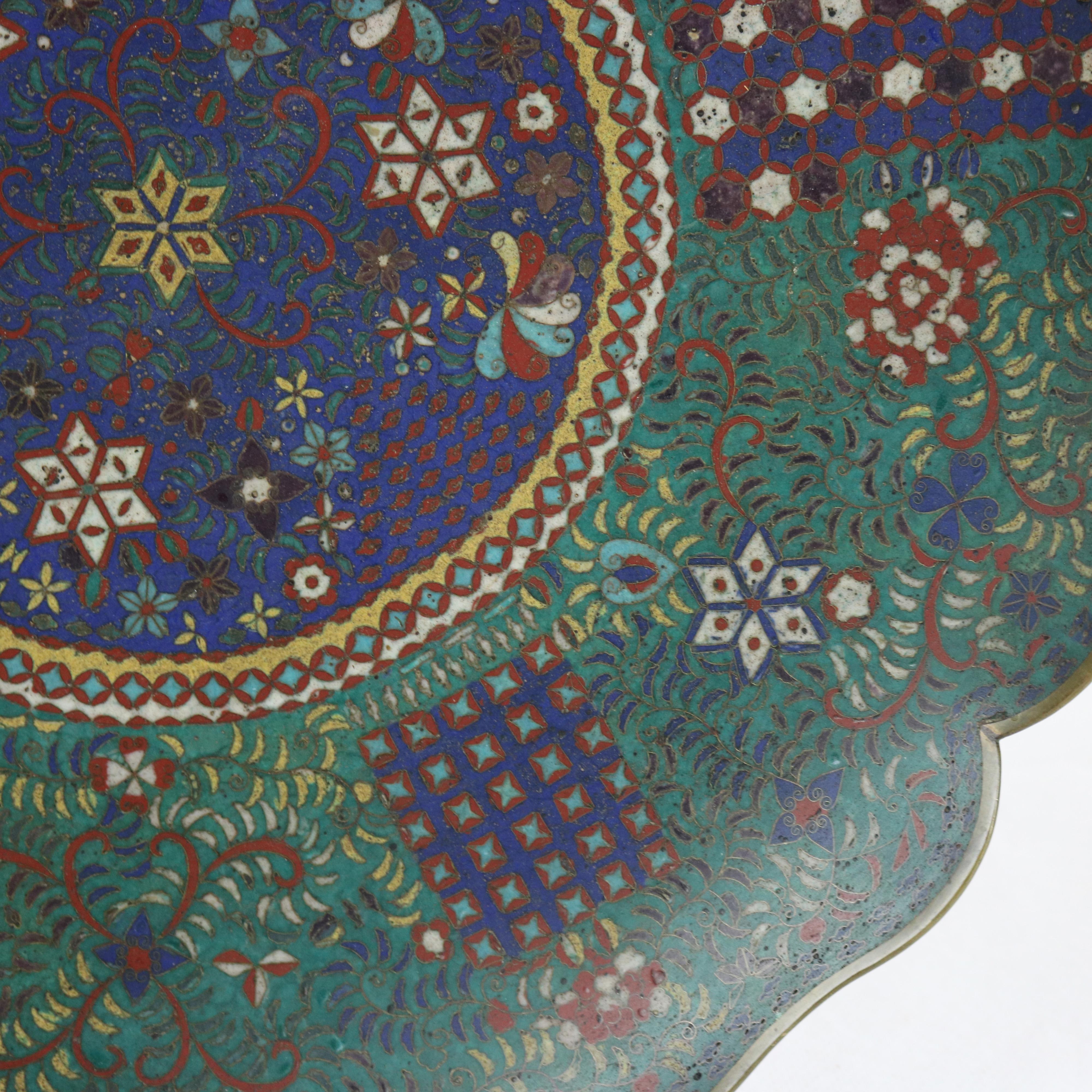 Antique Japanese Cloisonne Scalloped Edge Charger with Geometric Floral Design For Sale 1
