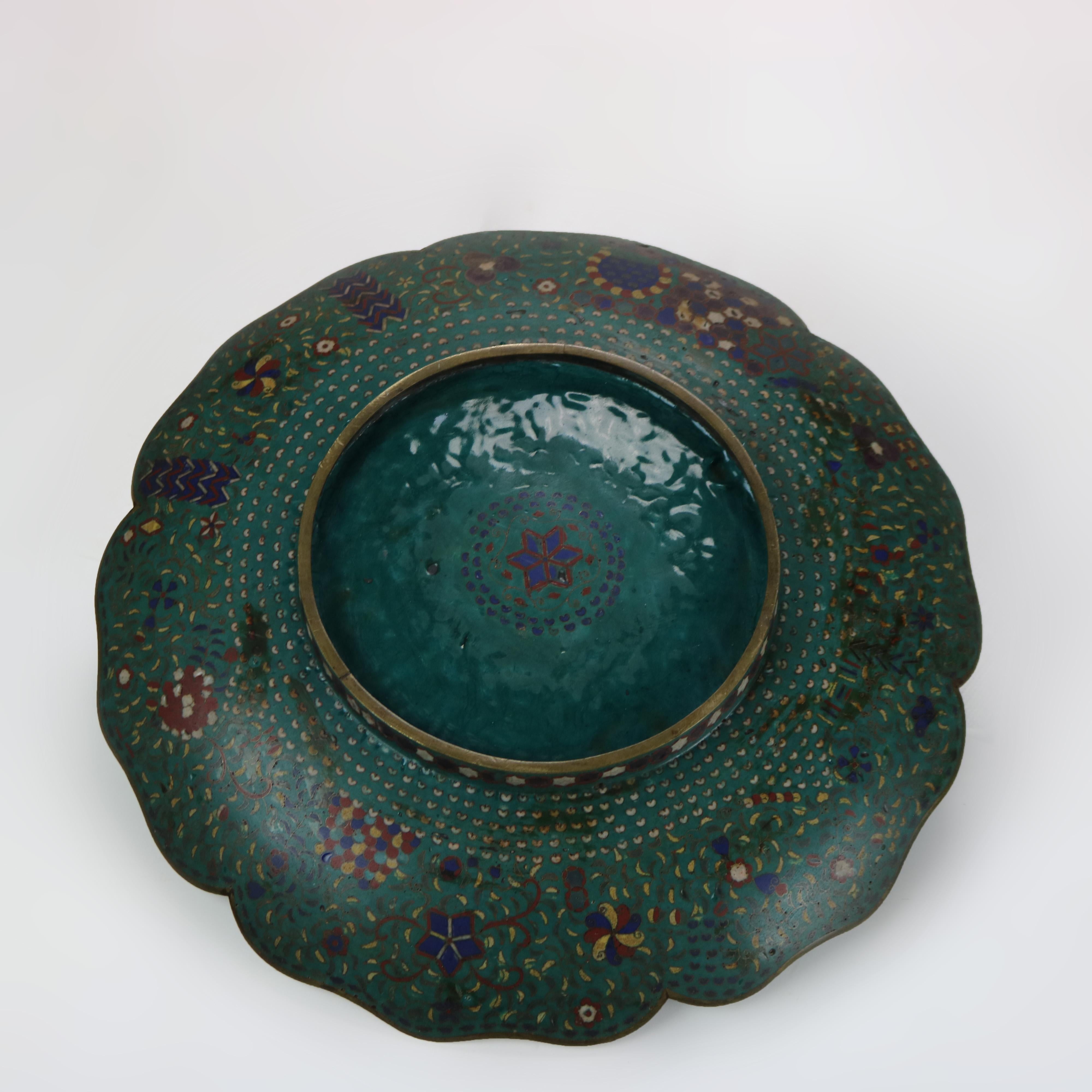 Antique Japanese Cloisonne Scalloped Edge Charger with Geometric Floral Design For Sale 2