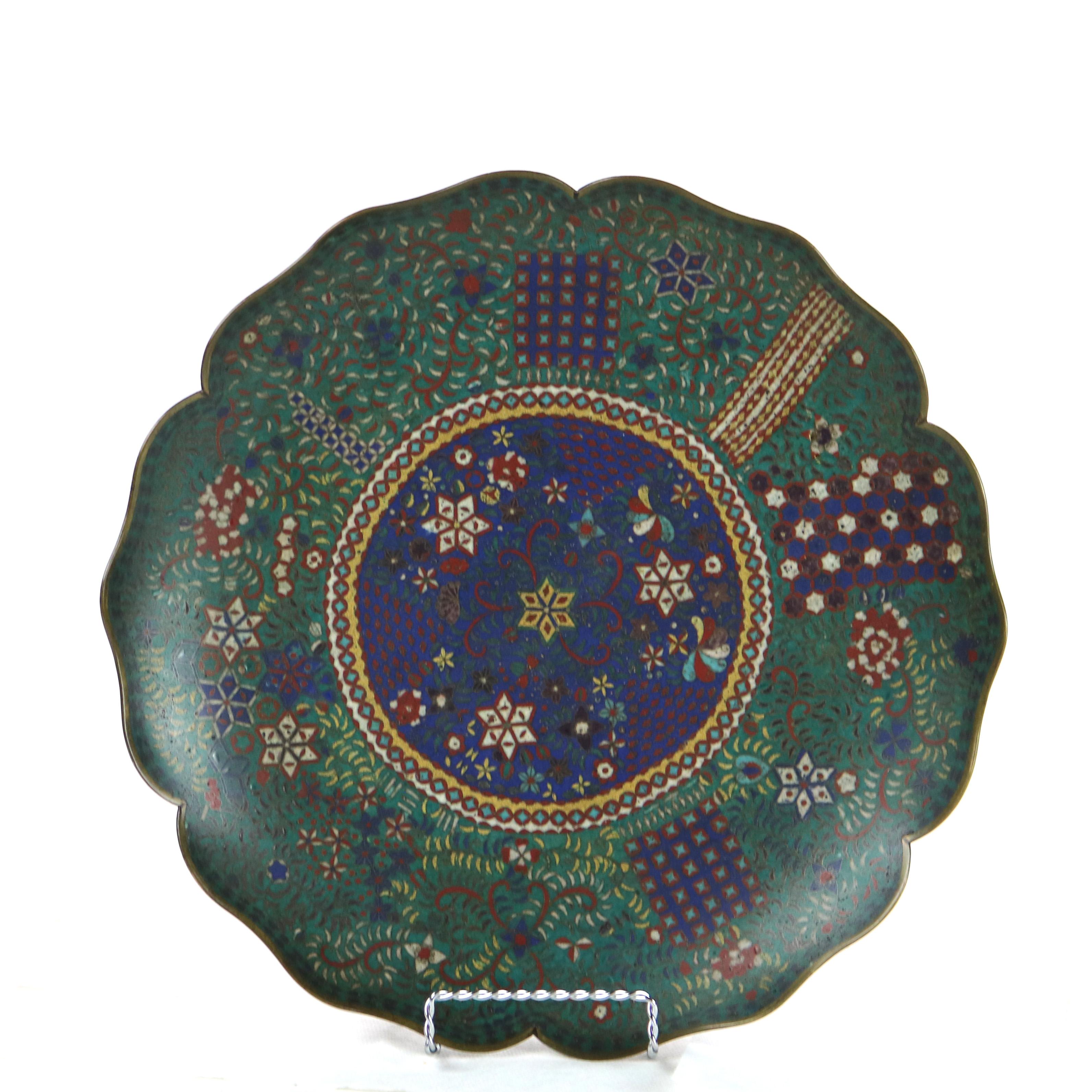 Antique Japanese Cloisonne Scalloped Edge Charger with Geometric Floral Design For Sale