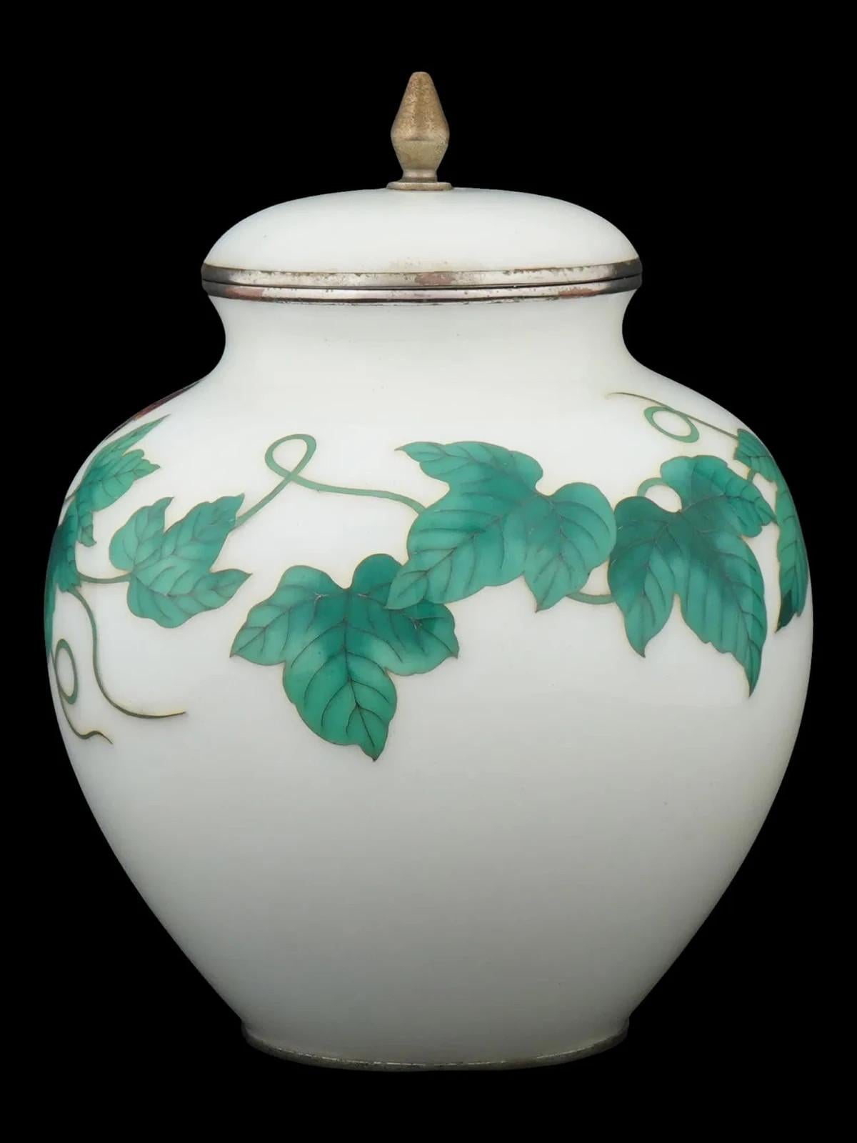 Meiji Antique Japanese Cloisonne Signed Ando White Enamel Covered Jar Butterflies For Sale