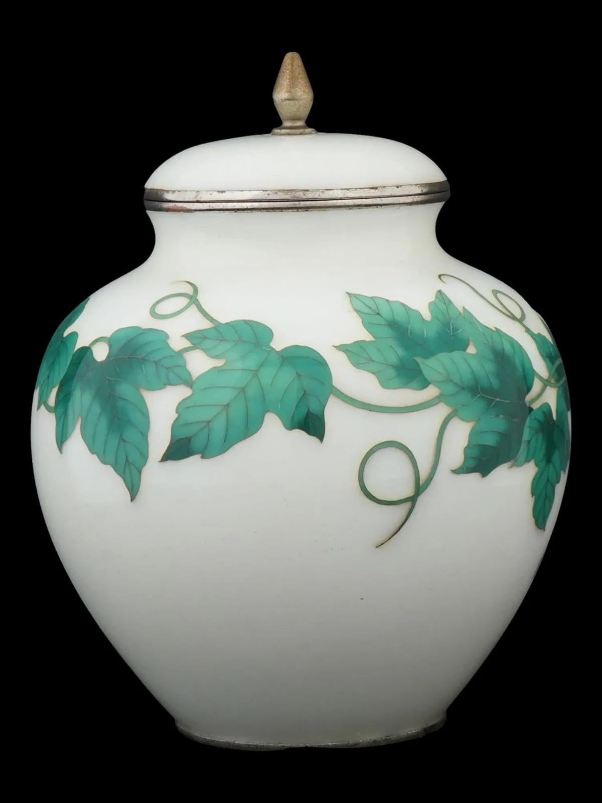 Cloissoné Antique Japanese Cloisonne Signed Ando White Enamel Covered Jar Butterflies For Sale