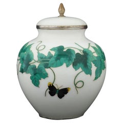 Antique Japanese Cloisonne Signed Ando White Enamel Covered Jar Butterflies