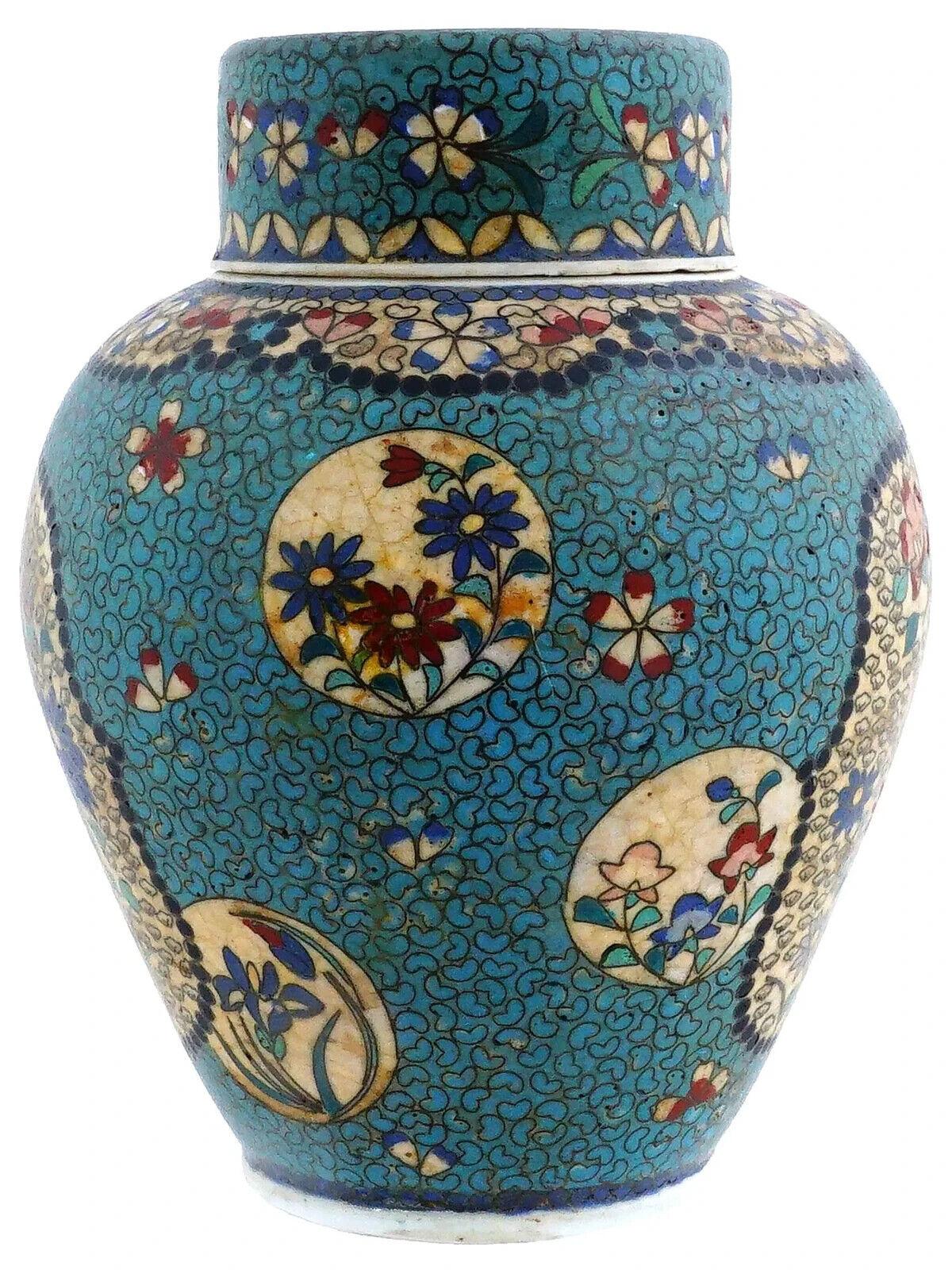 Antiguo Tarro Japonés de Cloisonné Totai Cubierto de Esmalte y Porcelana siglo XIX en venta