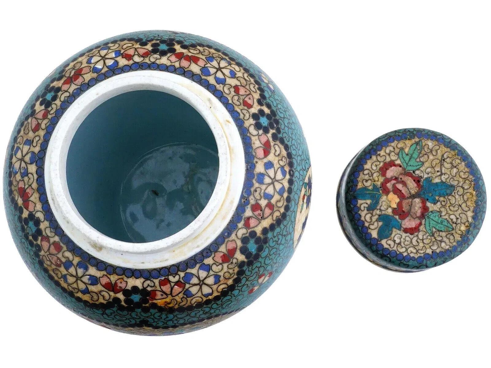Antiguo Tarro Japonés de Cloisonné Totai Cubierto de Esmalte y Porcelana en venta 2