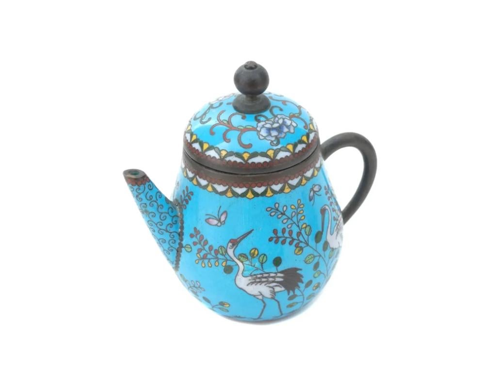 Cloissoné Antique Japanese Cloisonne Turquoise Enamel Crane Tea Pot For Sale