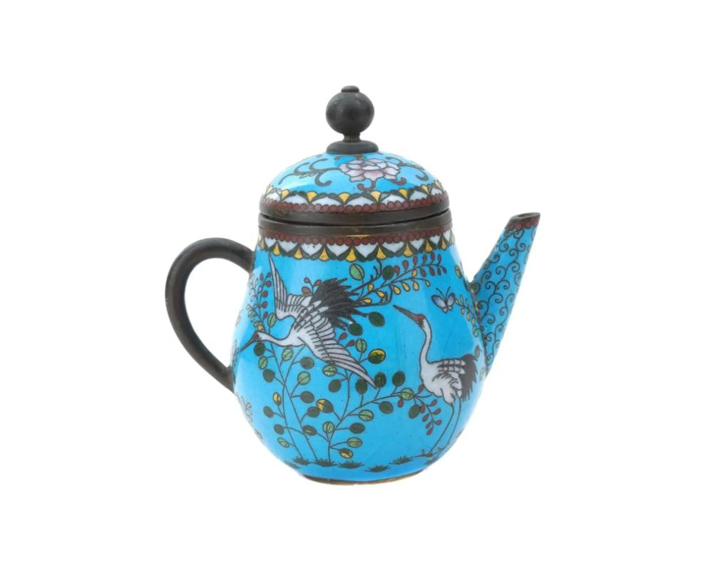19th Century Antique Japanese Cloisonne Turquoise Enamel Crane Tea Pot For Sale