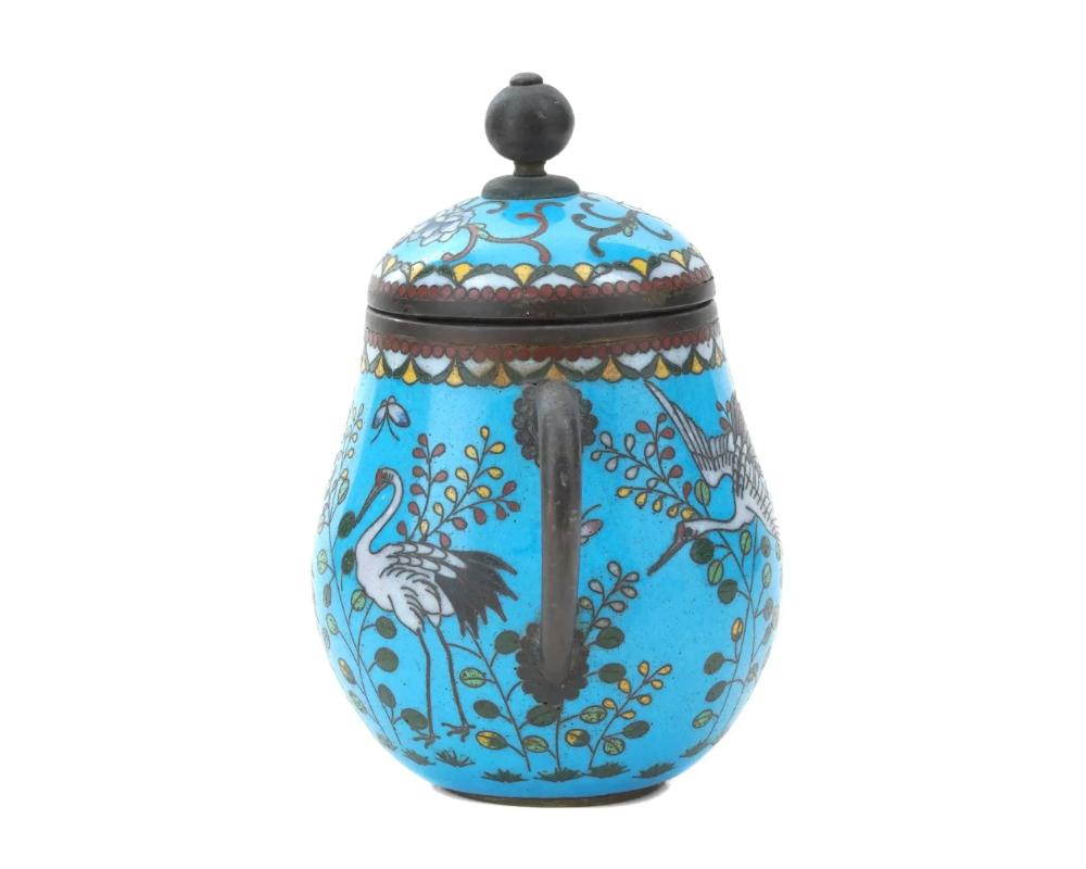 Copper Antique Japanese Cloisonne Turquoise Enamel Crane Tea Pot For Sale