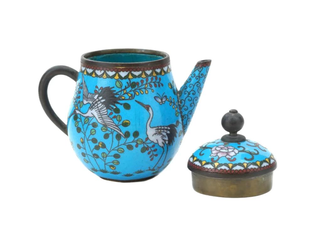 Antique Japanese Cloisonne Turquoise Enamel Crane Tea Pot For Sale 1
