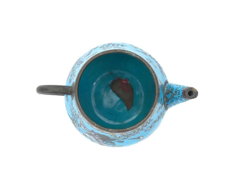 Antique Japanese Cloisonne Turquoise Enamel Crane Tea Pot For Sale 2