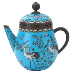 Antique Japanese Cloisonne Turquoise Enamel Crane Tea Pot