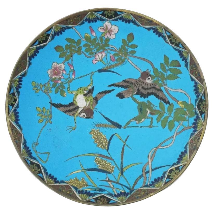 Antique Japanese Cloisonne Turquoise Enamel with Frogs Plate For Sale