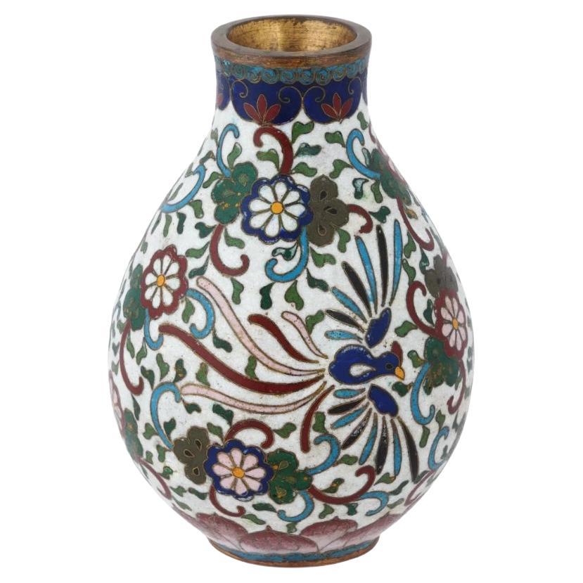 Antique Japanese Cloisonne White Enamel Vase with Birds For Sale