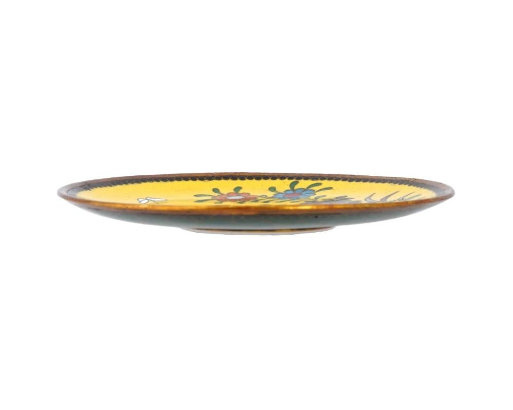 Meiji Antique Japanese Cloisonne Yellow Enamel Butterfly Plate For Sale
