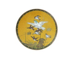 Antique Japanese Cloisonne Yellow Enamel with Flying Sparrows Plate
