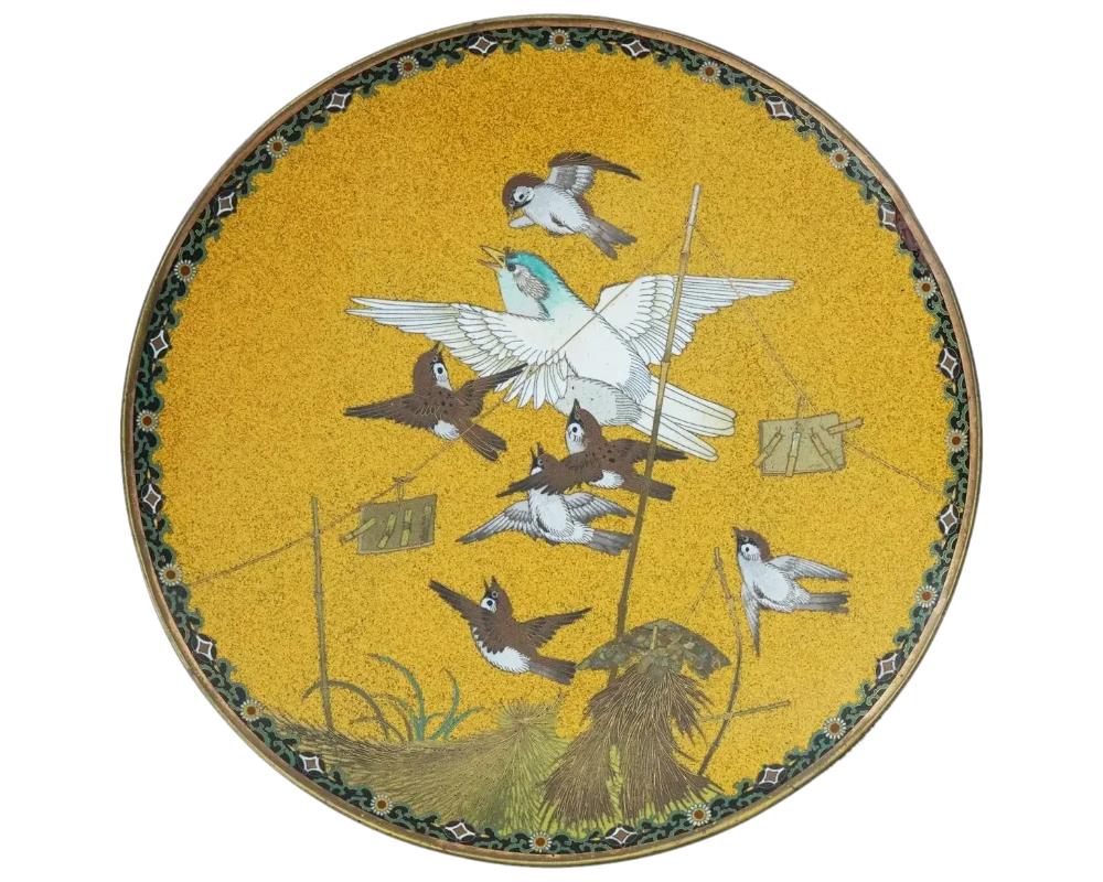 Antique Japanese Cloisonne Yellow Enamel with Flying Sparrows Plate For Sale