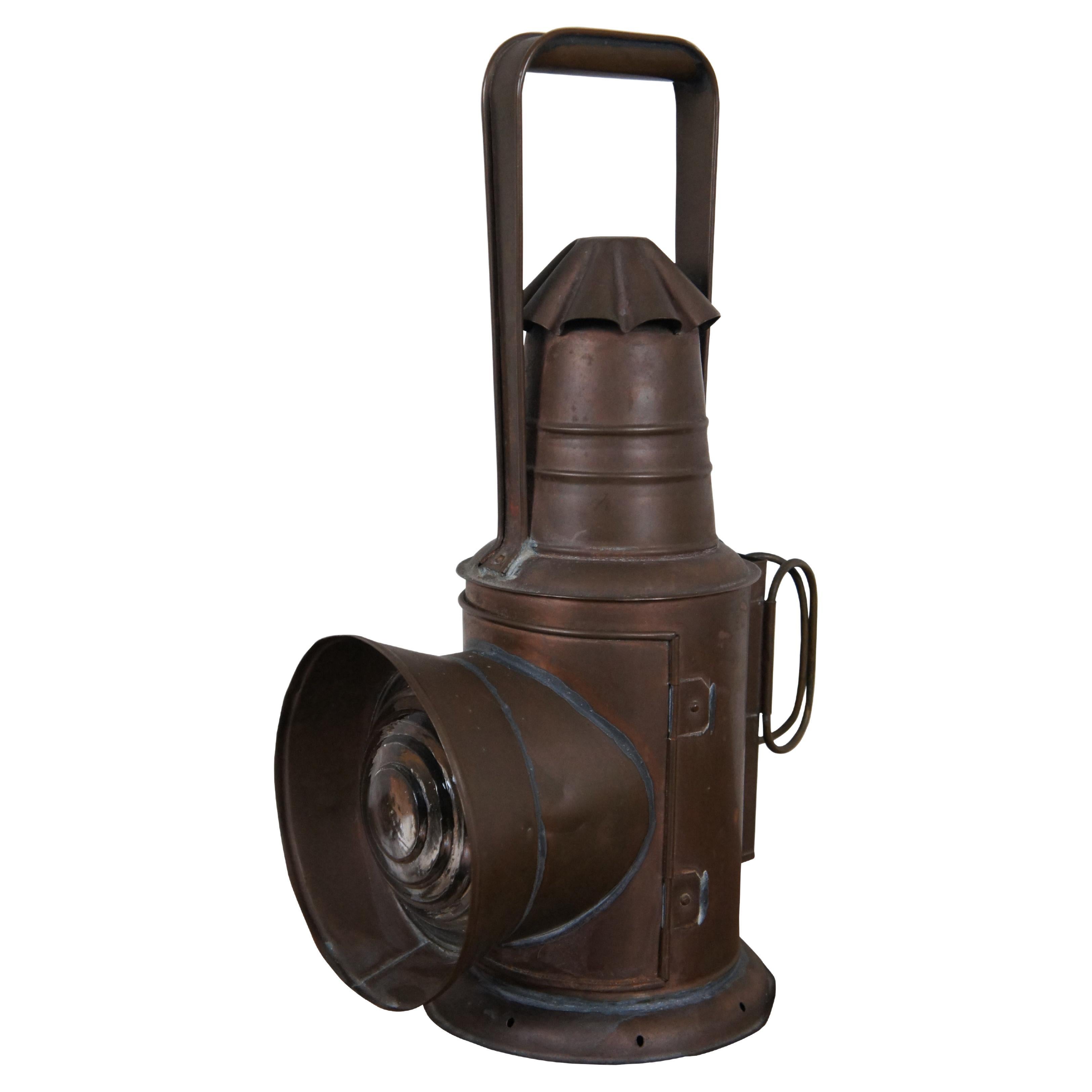 Antique Japanese Copper Bullseye Railway Boat Lantern Police Signal Oil Lamp 13" For Sale