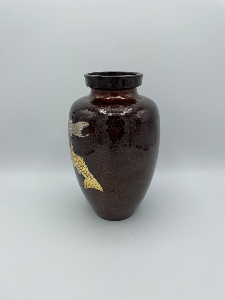 Antique Japanese Copper Flower Vase with Carps, 1980s For Sale at 1stDibs
