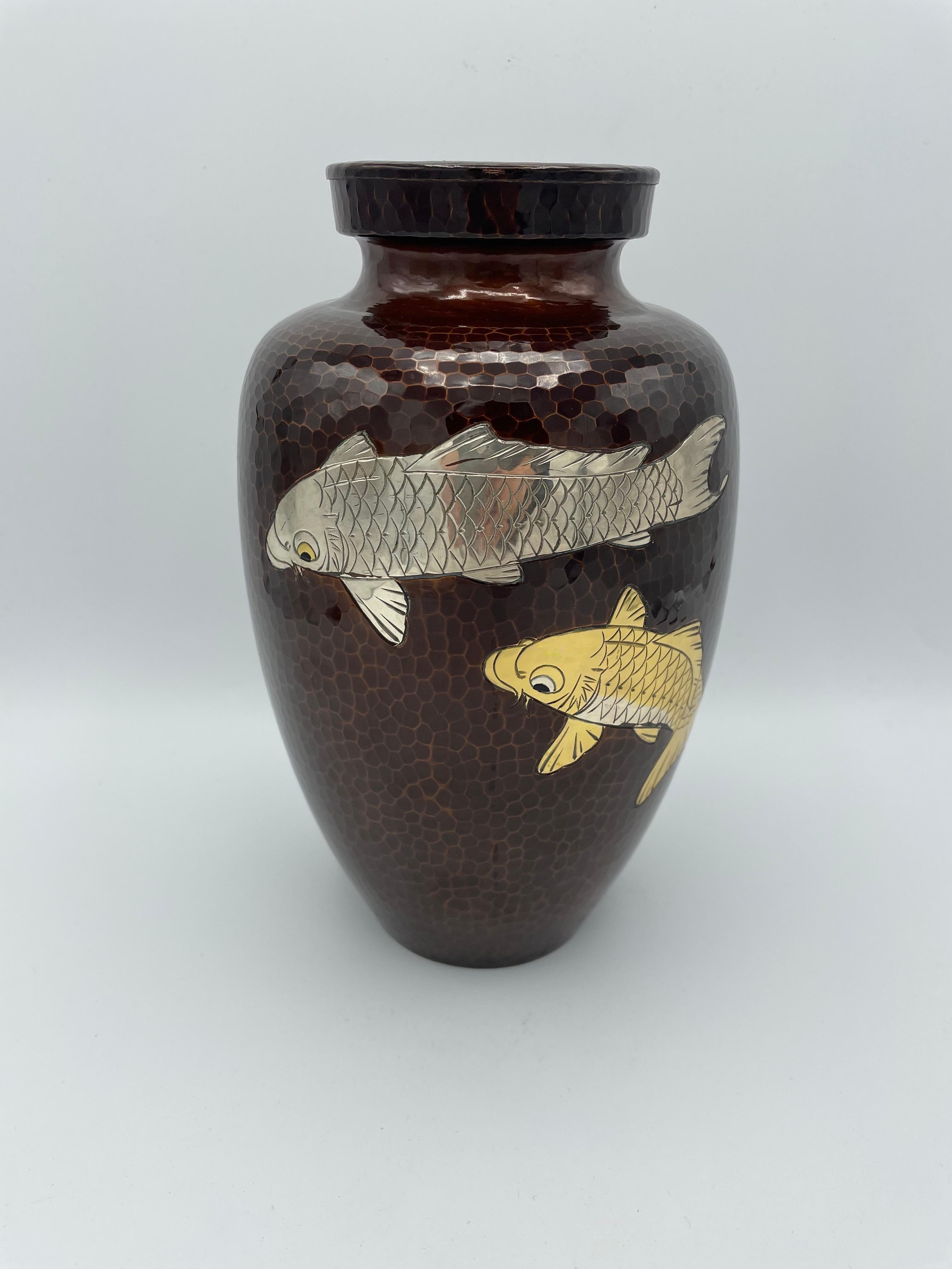 Cloissoné Antique Japanese Copper Flower Vase with Carps, 1980s For Sale