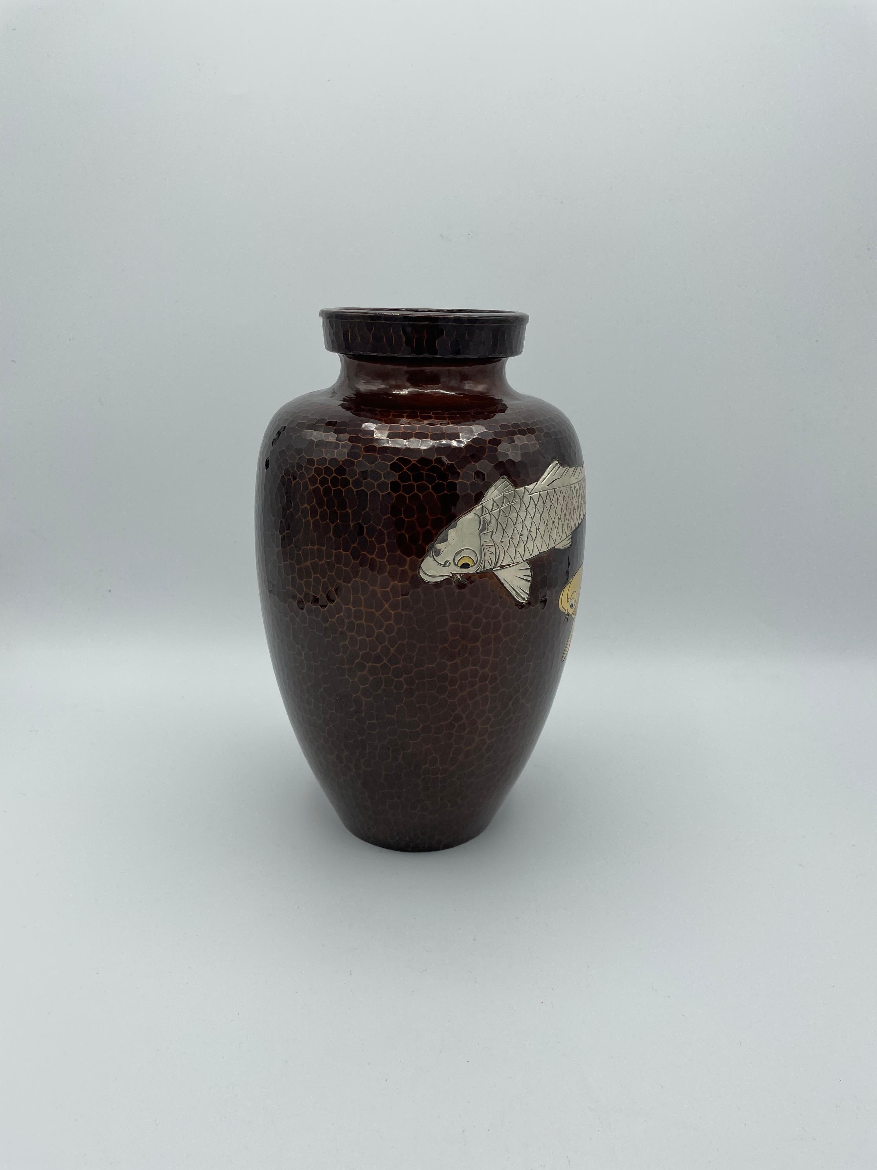 Antique Japanese Copper Flower Vase with Carps, 1980s For Sale 1