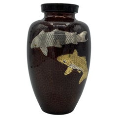 Used Japanese Copper Flower Vase with Carps, 1980s