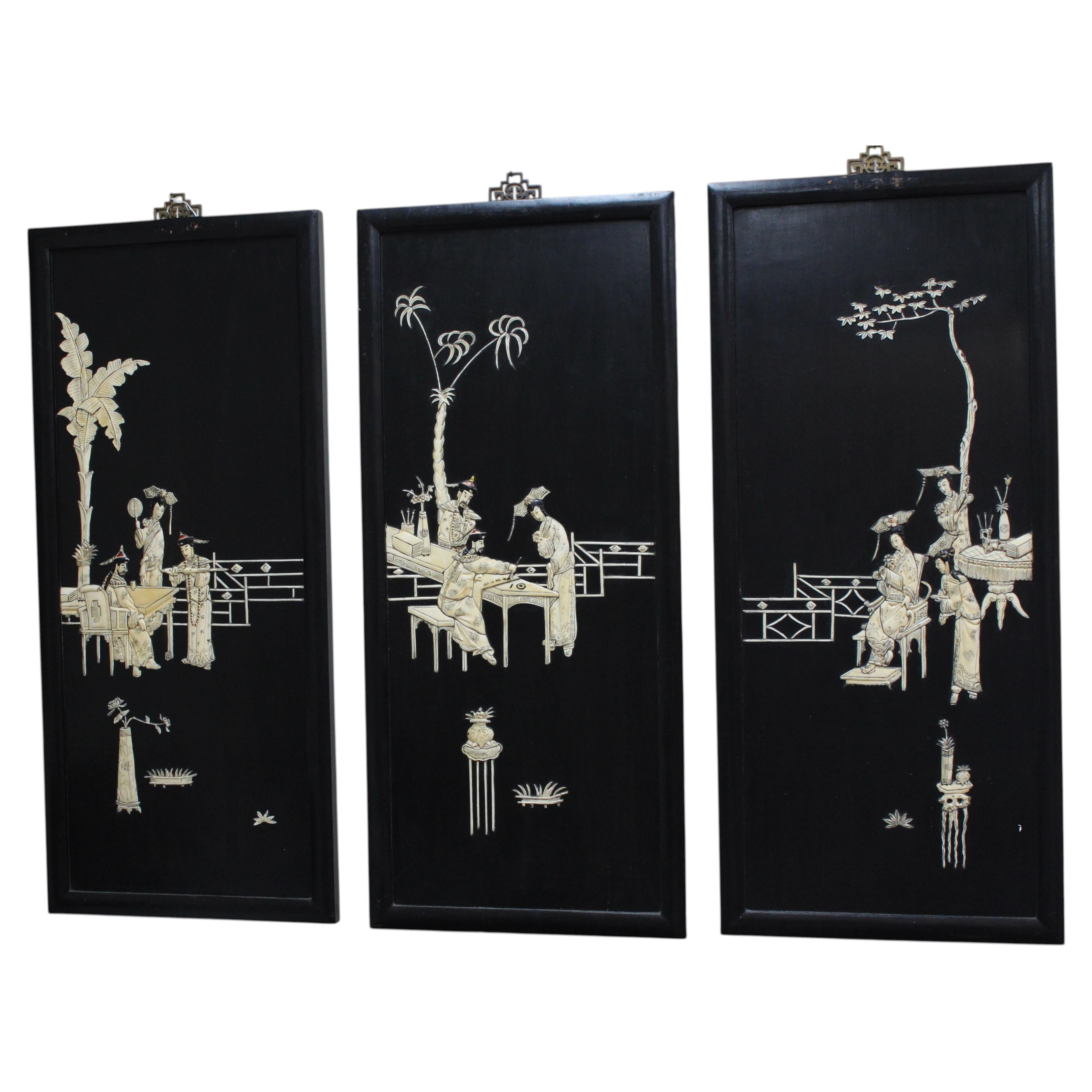 Antique Japanese Coromandel Three-Panel Screen with Bone Inlay Figures For Sale