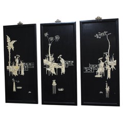 Antique Japanese Coromandel Three-Panel Screen with Bone Inlay Figures