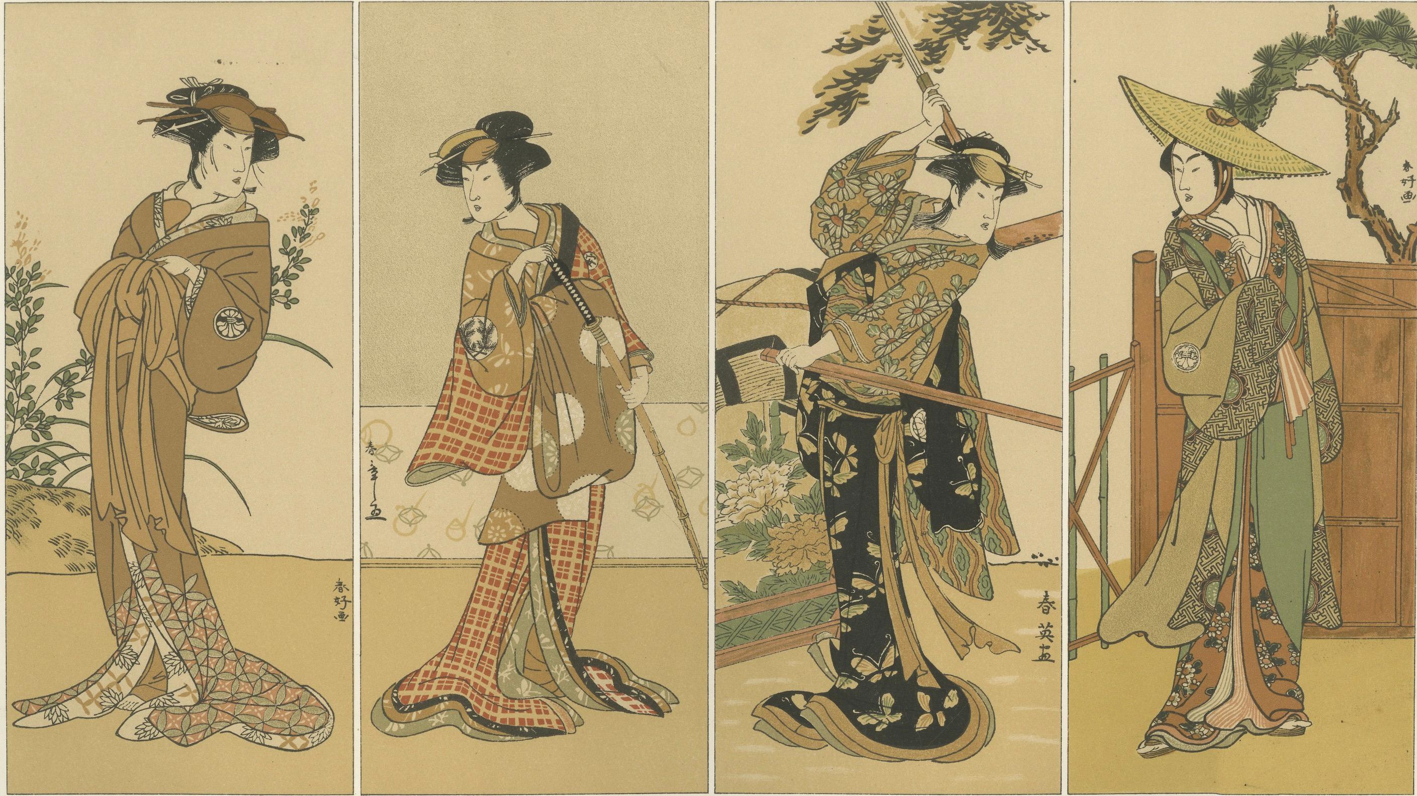Antiker japanischer Kostümdruck mit Kostümdruck: Vier elegante Frauen in Edo-Period Kimono, 1882 (Spätes 19. Jahrhundert) im Angebot