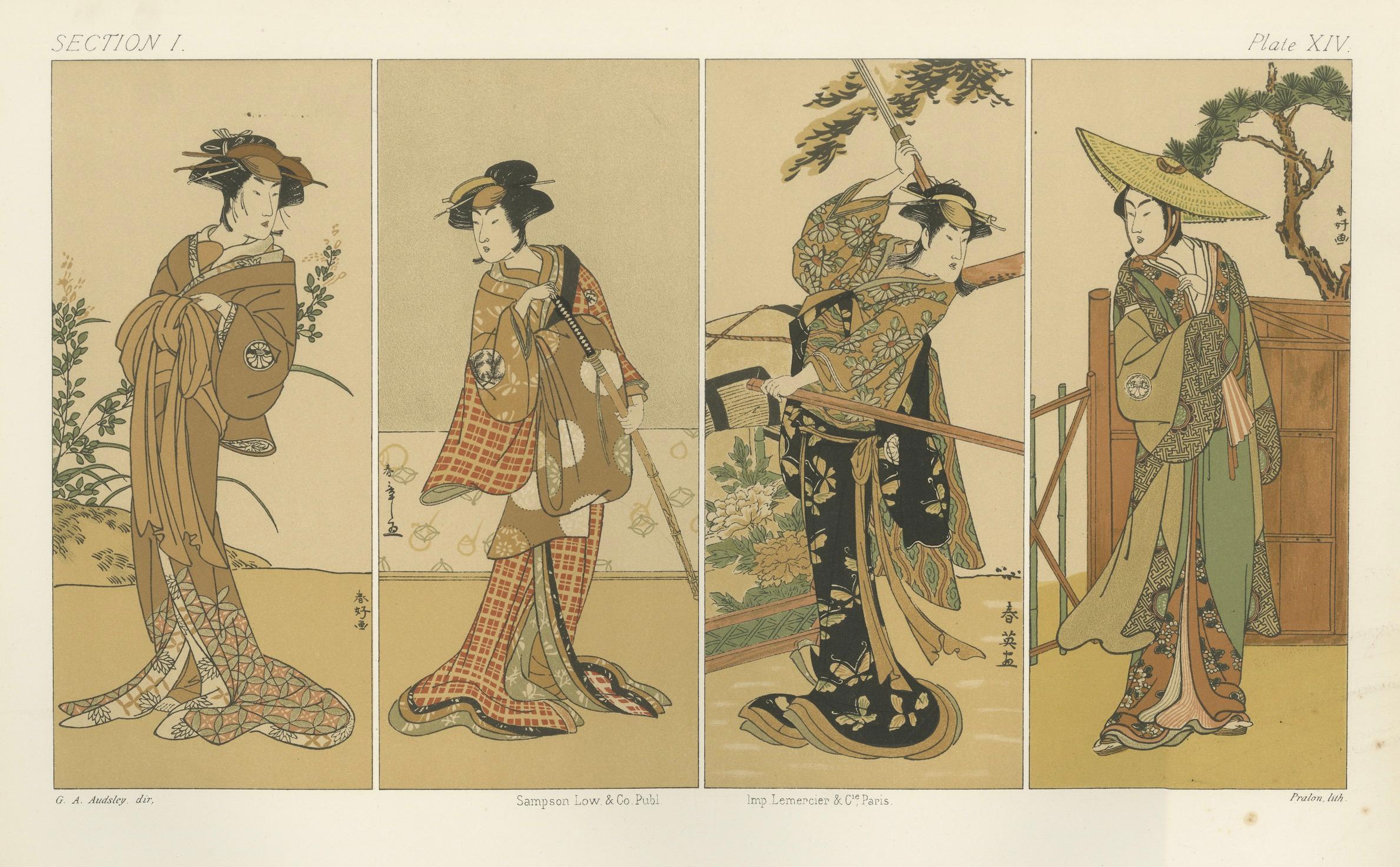 Antiker japanischer Kostümdruck mit Kostümdruck: Vier elegante Frauen in Edo-Period Kimono, 1882 (Papier) im Angebot