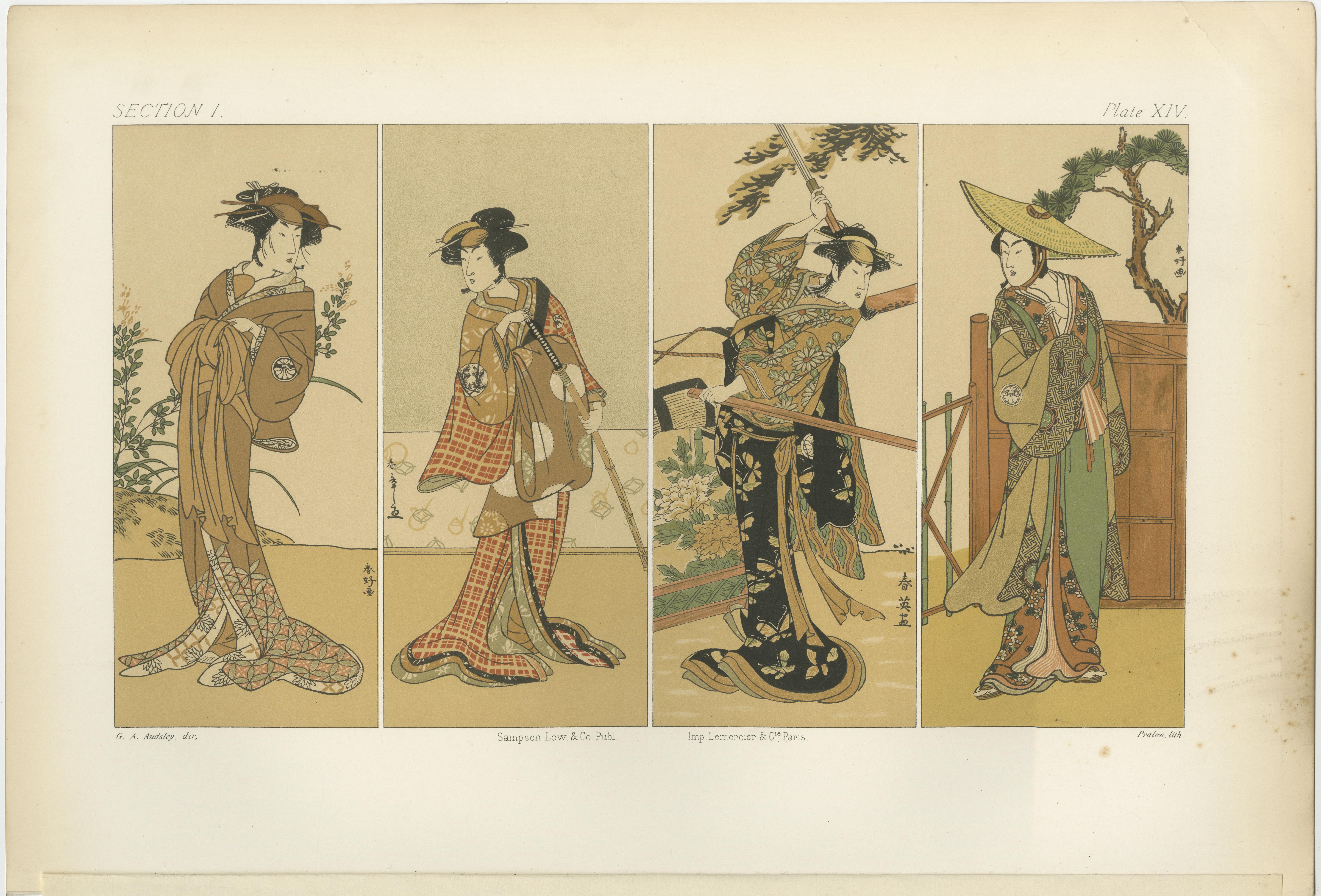 Antiker japanischer Kostümdruck mit Kostümdruck: Vier elegante Frauen in Edo-Period Kimono, 1882 im Angebot 1