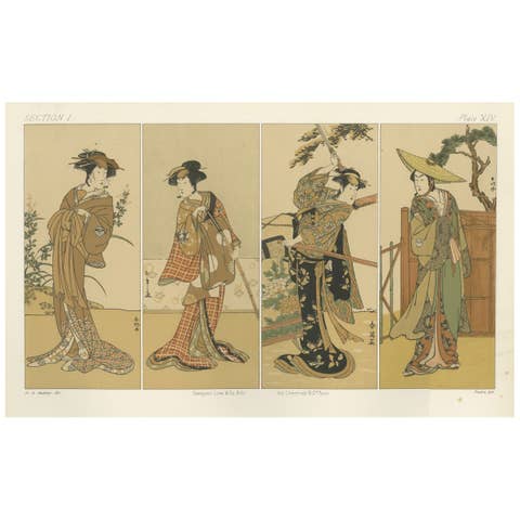 Antique Japanese Costume Print: Four Elegant Women in Edo-Period Kimono, 1882