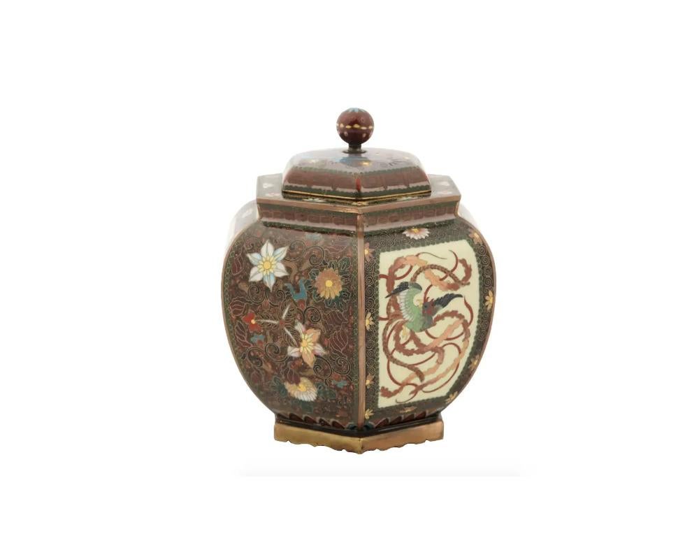 Cloissoné Antique Meiji Japanese Cloisonne Goldstone Lidded Jar Phoenix Birds and Flowers For Sale