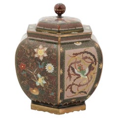 Antique Meiji Japanese Cloisonne Goldstone Lidded Jar Phoenix Birds and Flowers