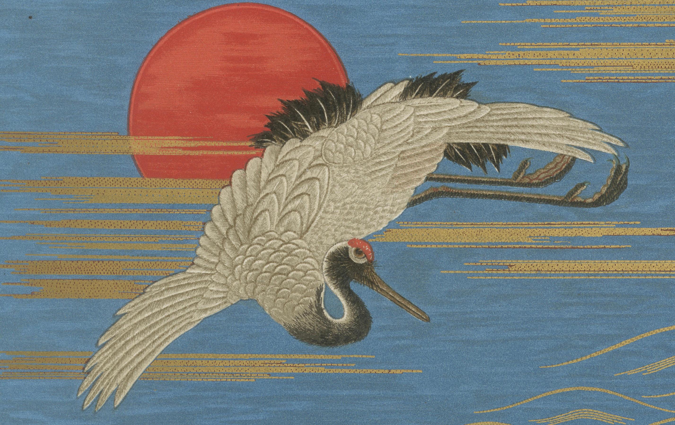 Antique Japanese Crane and Turtle Print: Symbolic Harmony, 19th Century In Good Condition For Sale In Langweer, NL