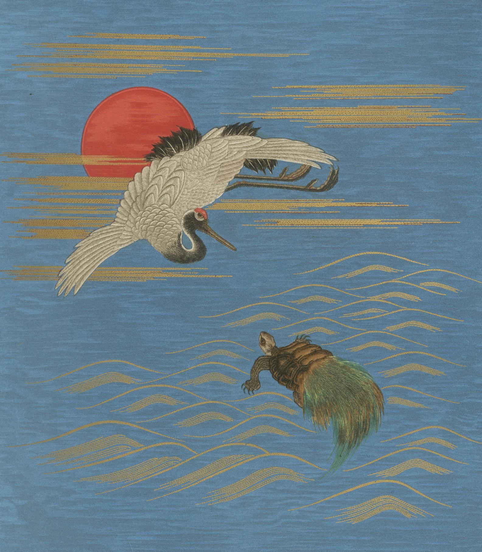 Late 19th Century Antique Japanese Crane and Turtle Print: Symbolic Harmony, 19th Century For Sale