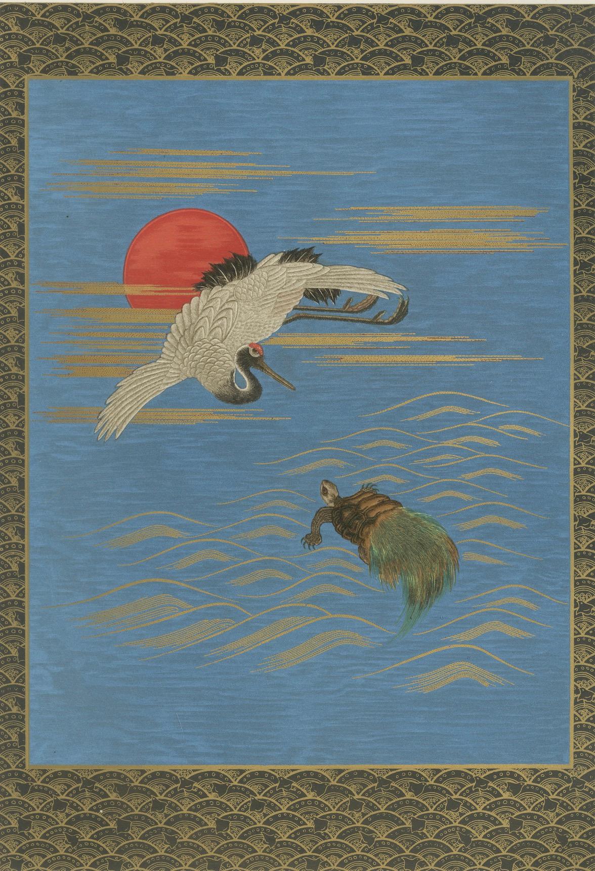 Paper Antique Japanese Crane and Turtle Print: Symbolic Harmony, 19th Century For Sale