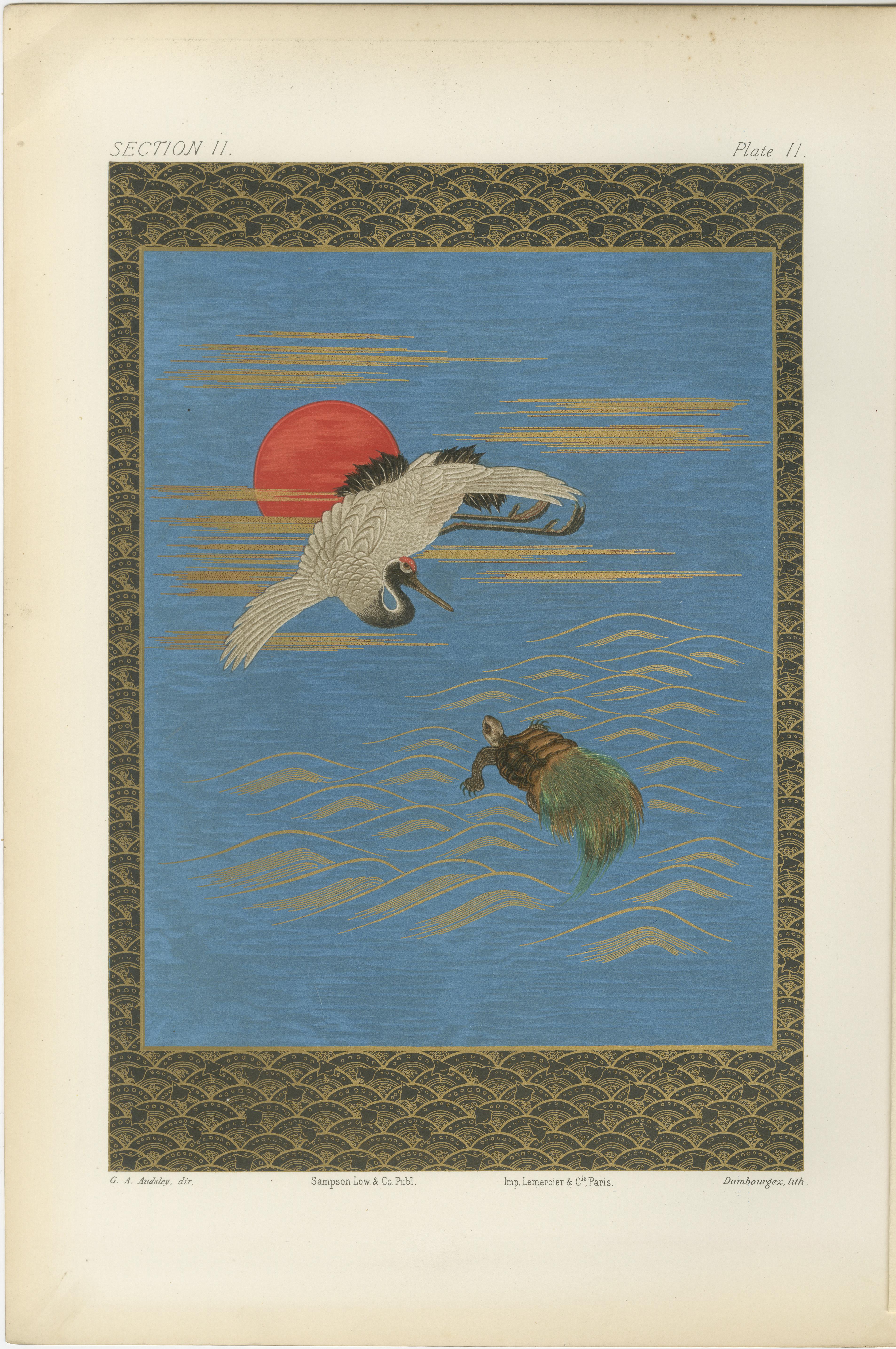 Antique Japanese Crane and Turtle Print: Symbolic Harmony, 19th Century For Sale 2