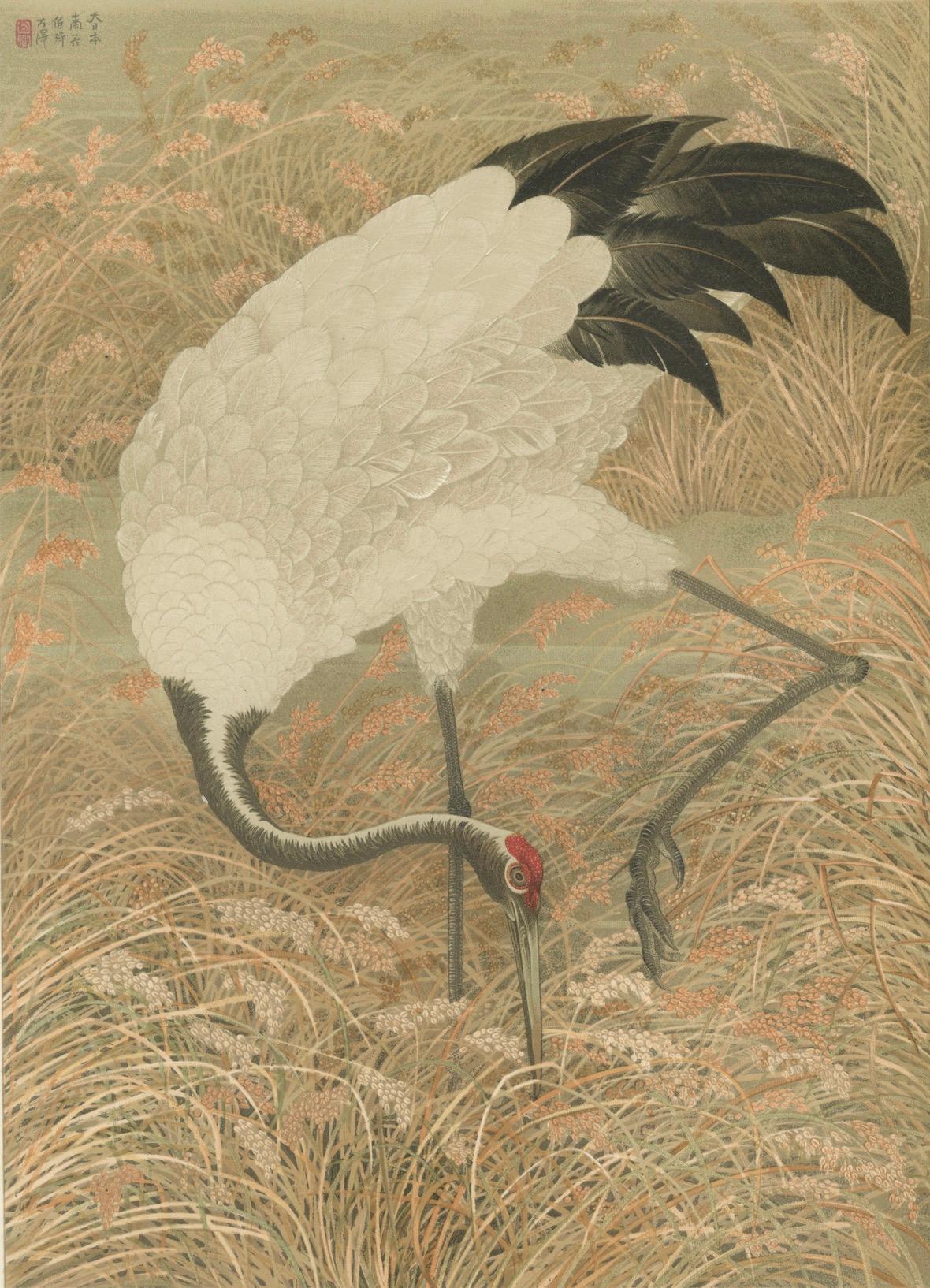 Antique Japanese Crane Print: Serene Scene in Grassy Marsh, 19th Century For Sale 1