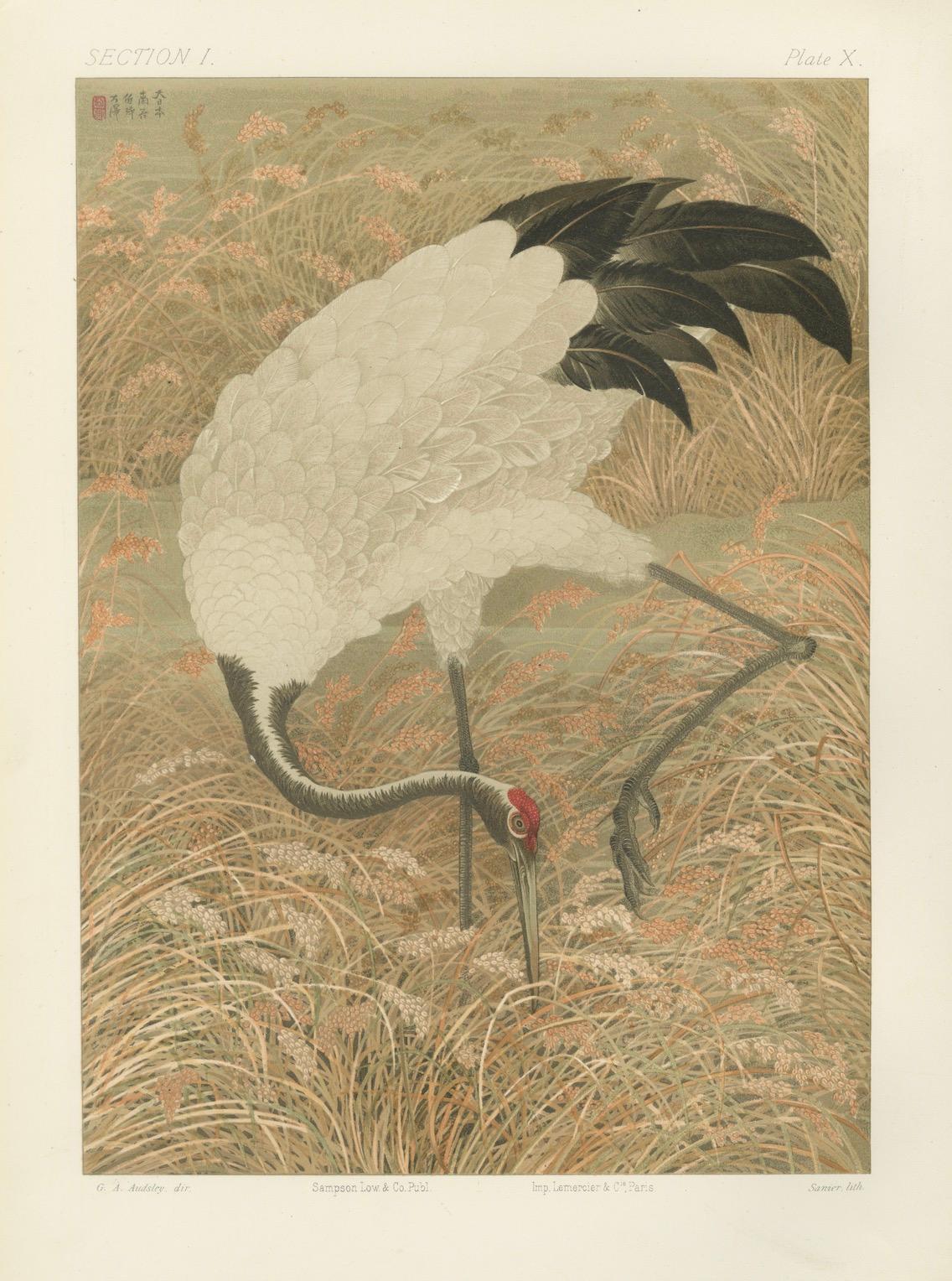 Antique Japanese Crane Print: Serene Scene in Grassy Marsh, 19th Century For Sale 2