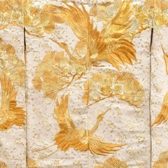 Antique Japanese Cream Silk Brocade Uchikake Gold Embroidered Kimono, Framed