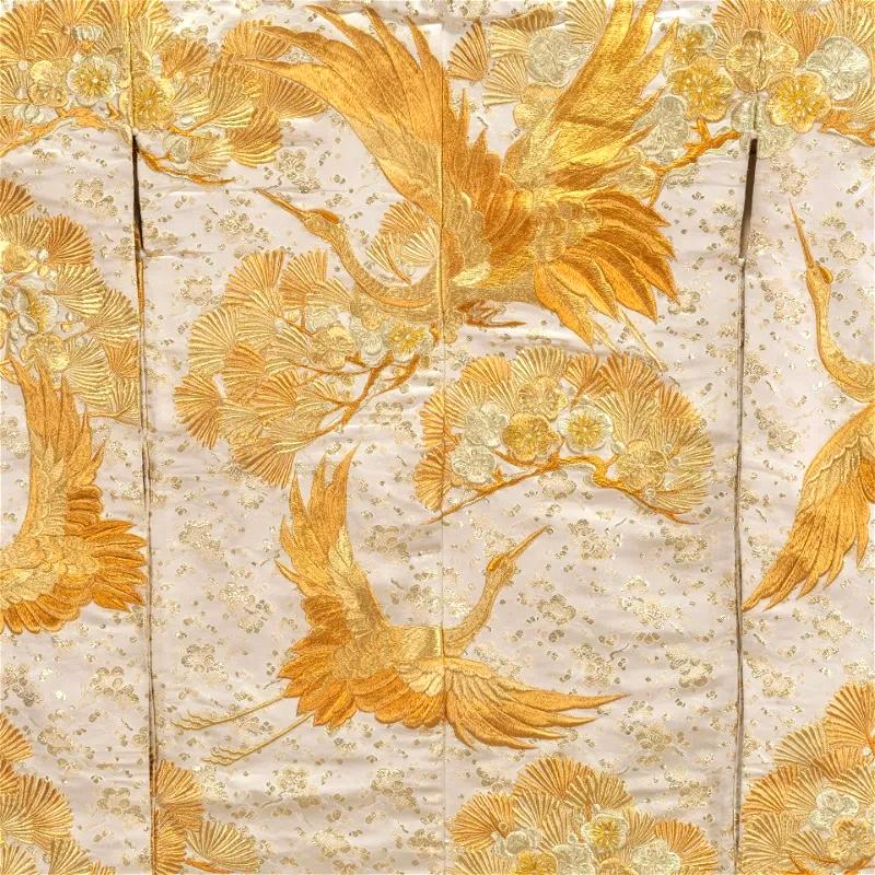20th Century Antique Japanese Cream Silk Brocade Uchikake Gold Embroidered Kimono, Framed