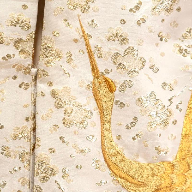 Antique Japanese Cream Silk Brocade Uchikake Gold Embroidered Kimono, Framed 1
