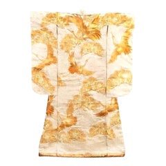 Antique Japanese Cream Silk Brocade Uchikake Gold Embroidered Kimono, Framed