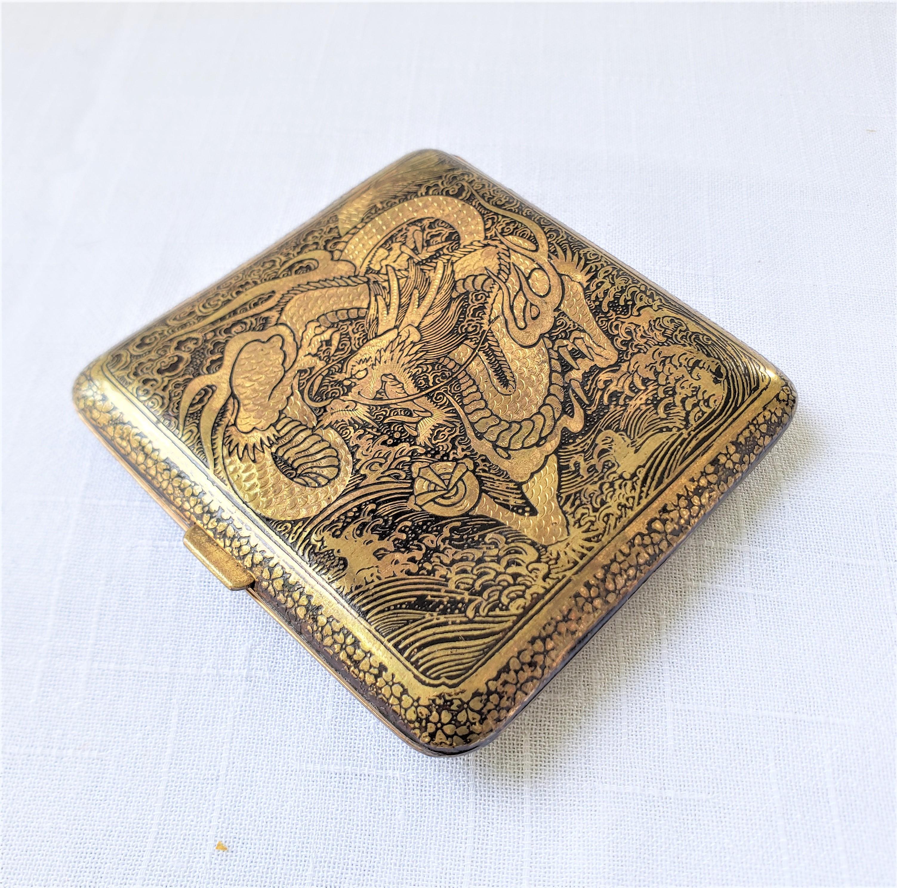 Antique Japanese Damascene Cigarette Case with Ornate Mt. Fuji & Dragon Decor For Sale 3