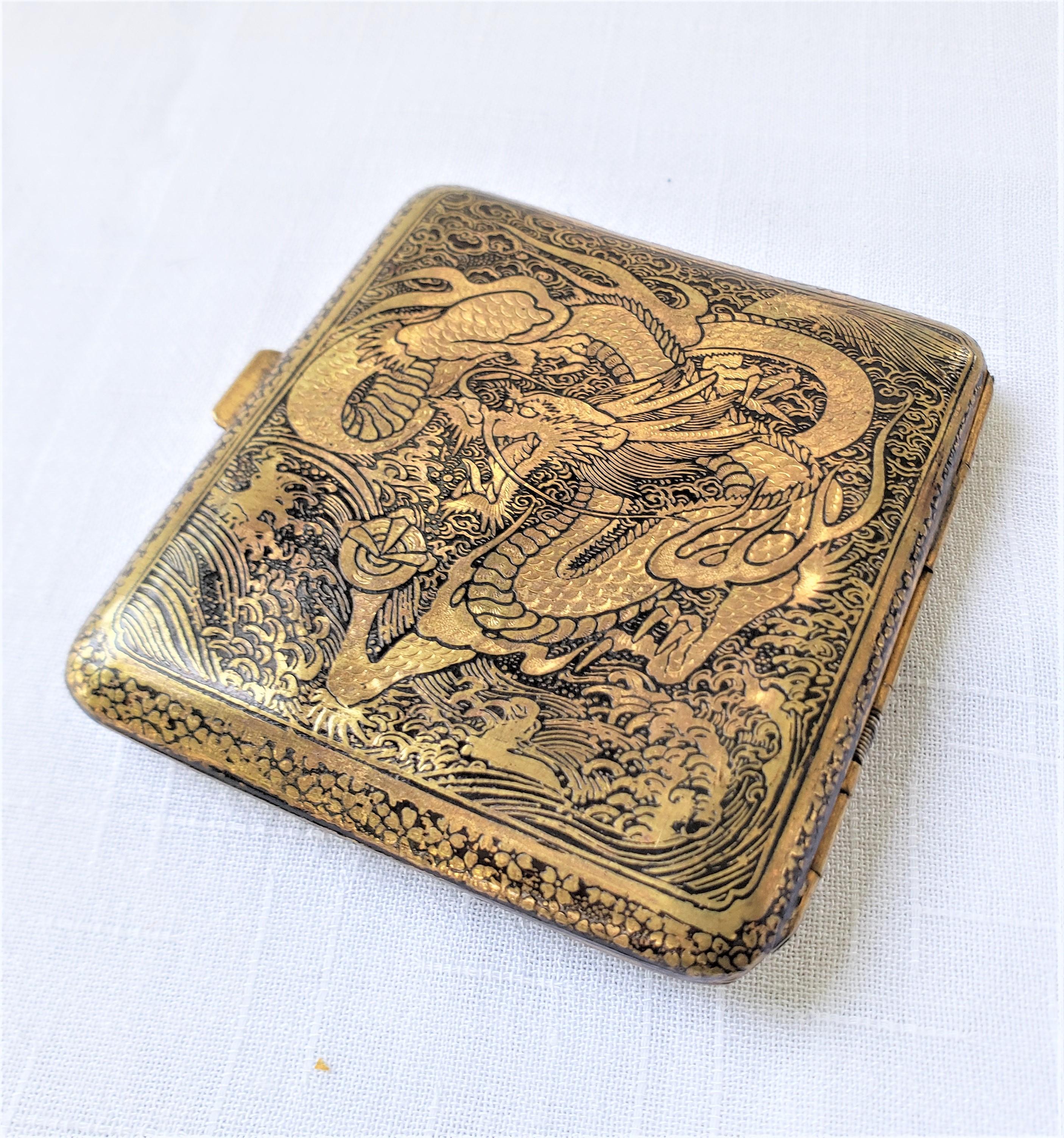 Antique Japanese Damascene Cigarette Case with Ornate Mt. Fuji & Dragon Decor For Sale 4