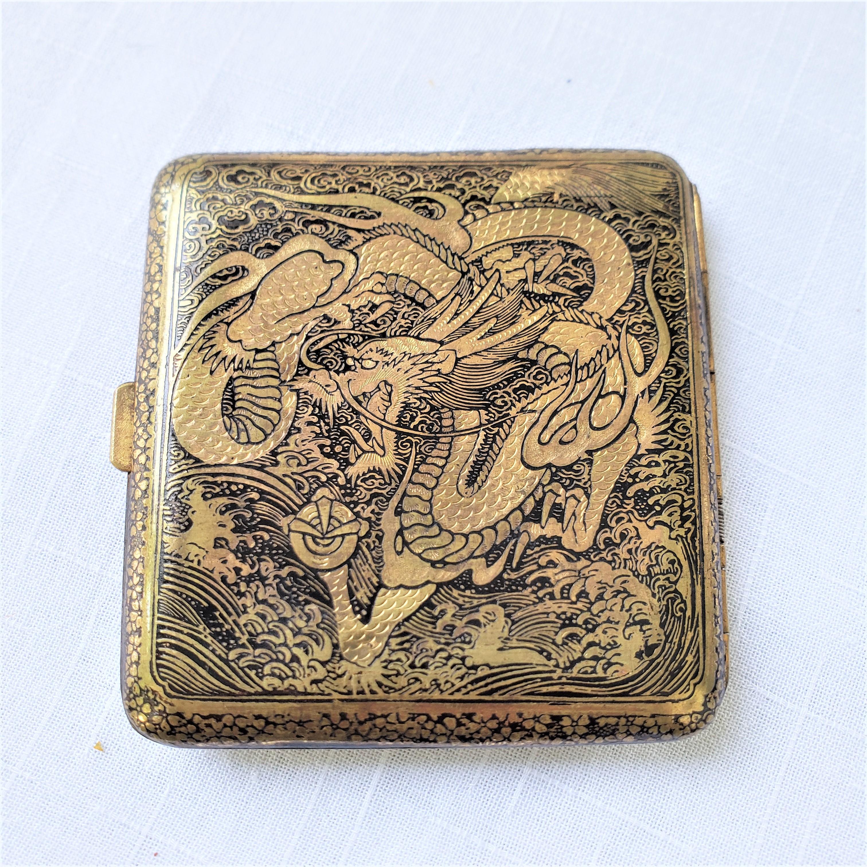 Antique Japanese Damascene Cigarette Case with Ornate Mt. Fuji & Dragon Decor For Sale 5