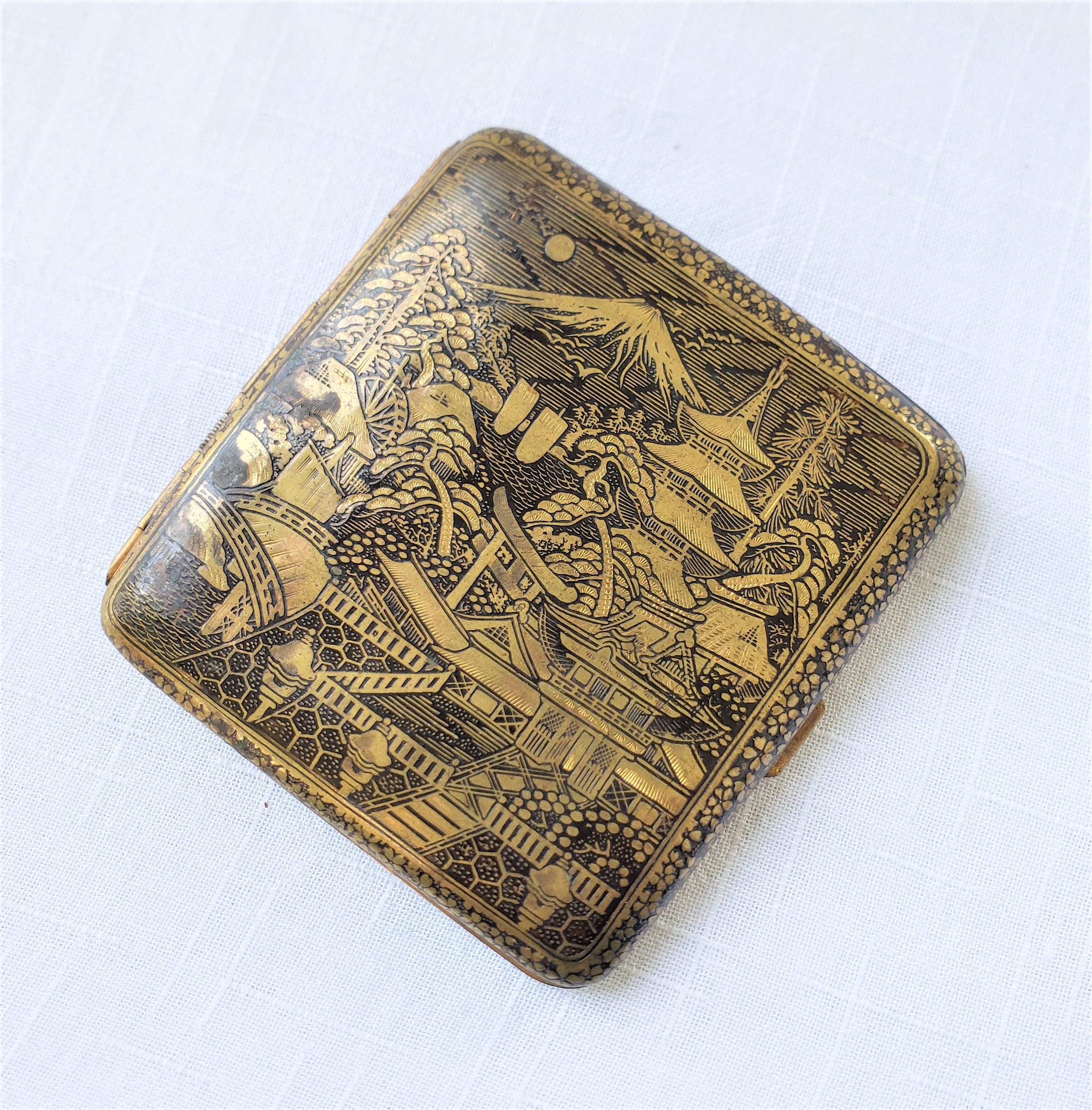 Japonisme Antique Japanese Damascene Cigarette Case with Ornate Mt. Fuji & Dragon Decor For Sale