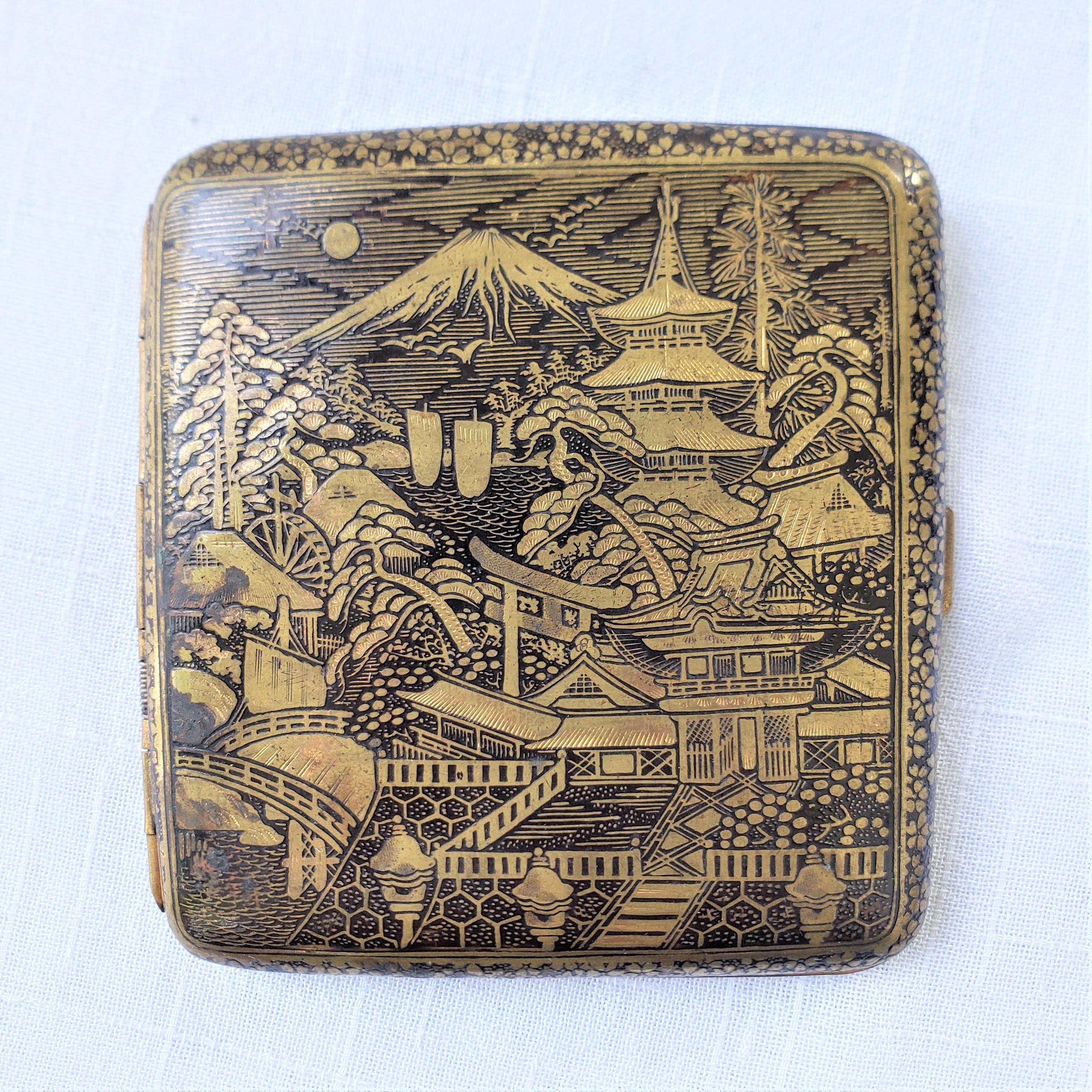 Cold-Painted Antique Japanese Damascene Cigarette Case with Ornate Mt. Fuji & Dragon Decor For Sale